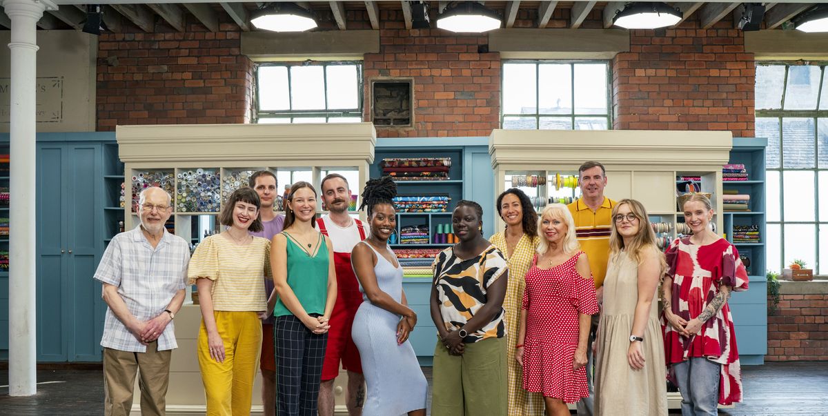 group shot of the contestants on the great british sewing bee