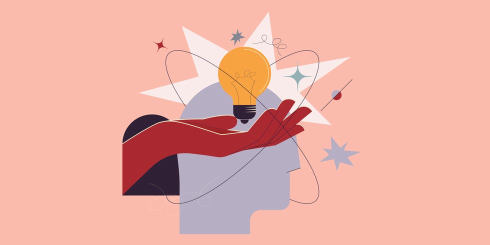 flat illustration hand holding light bulb above outline of head