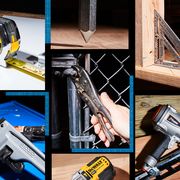 tape measure, plump bob, speed square, oscillating multitool, utility knife, nailer, locking pliers, pipe wrench