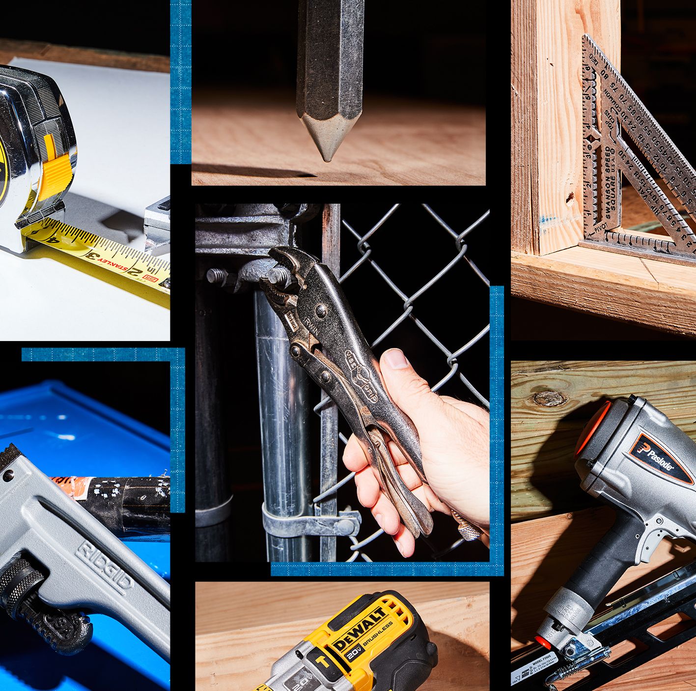 tape measure, plump bob, speed square, oscillating multitool, utility knife, nailer, locking pliers, pipe wrench