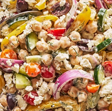 creamy greek chickpea salad with crumbled feta