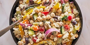 creamy greek chickpea salad with crumbled feta