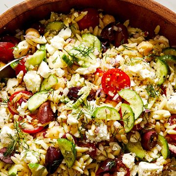 greek orzo salad with olives, cucumber, tomatoes, feta, and fresh dill