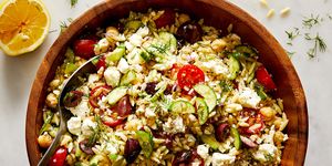 greek orzo salad with olives, cucumber, tomatoes, feta, and fresh dill