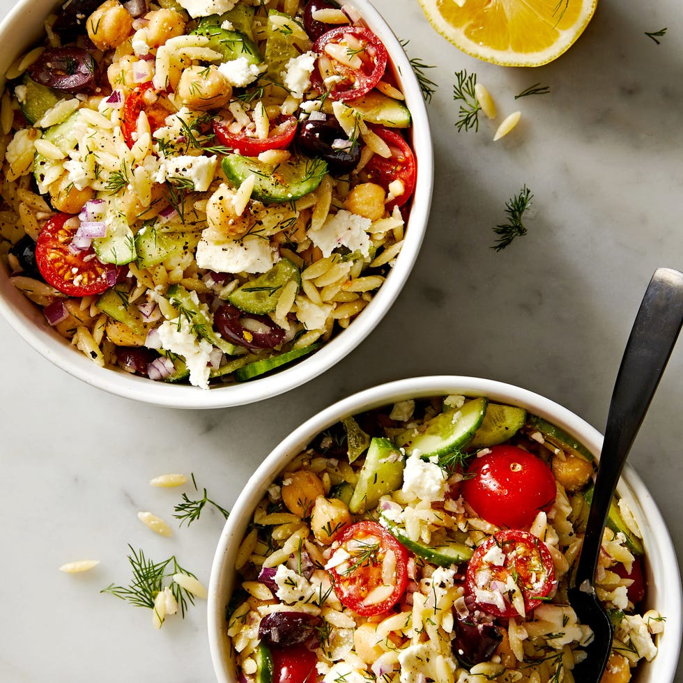 greek orzo salad with olives, cucumber, tomatoes, feta, and fresh dill