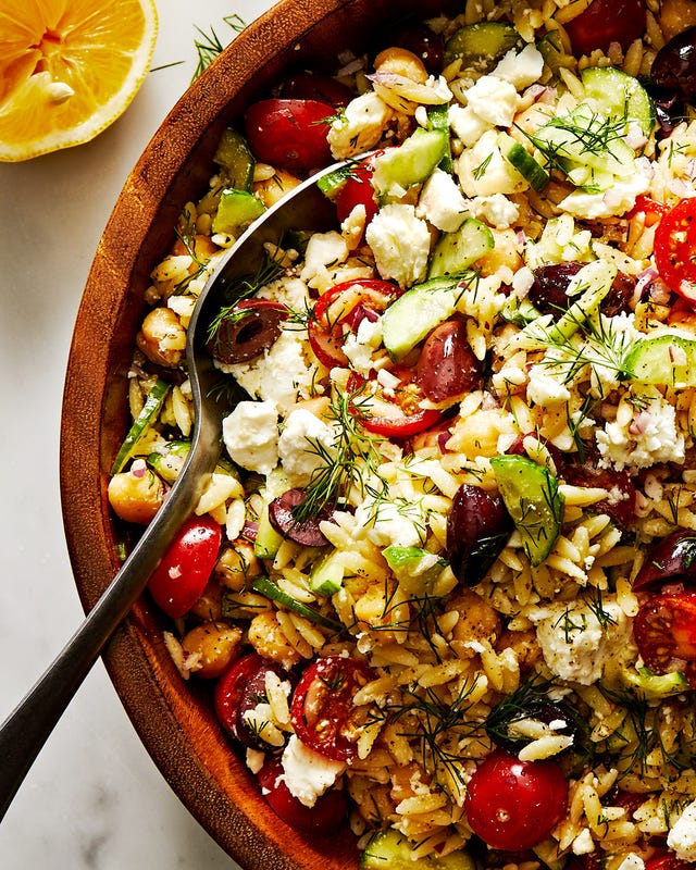 greek orzo salad with olives, cucumber, tomatoes, feta, and fresh dill