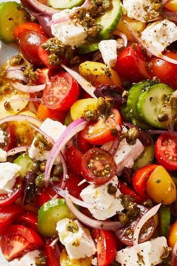 greek salad with tomato, cucumber, red onion, and feta