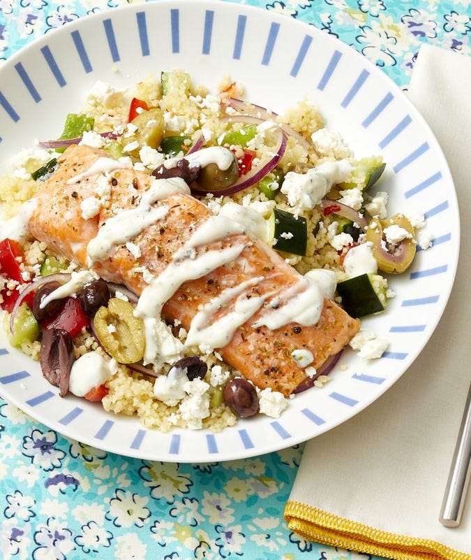 greek salmon couscous bowls