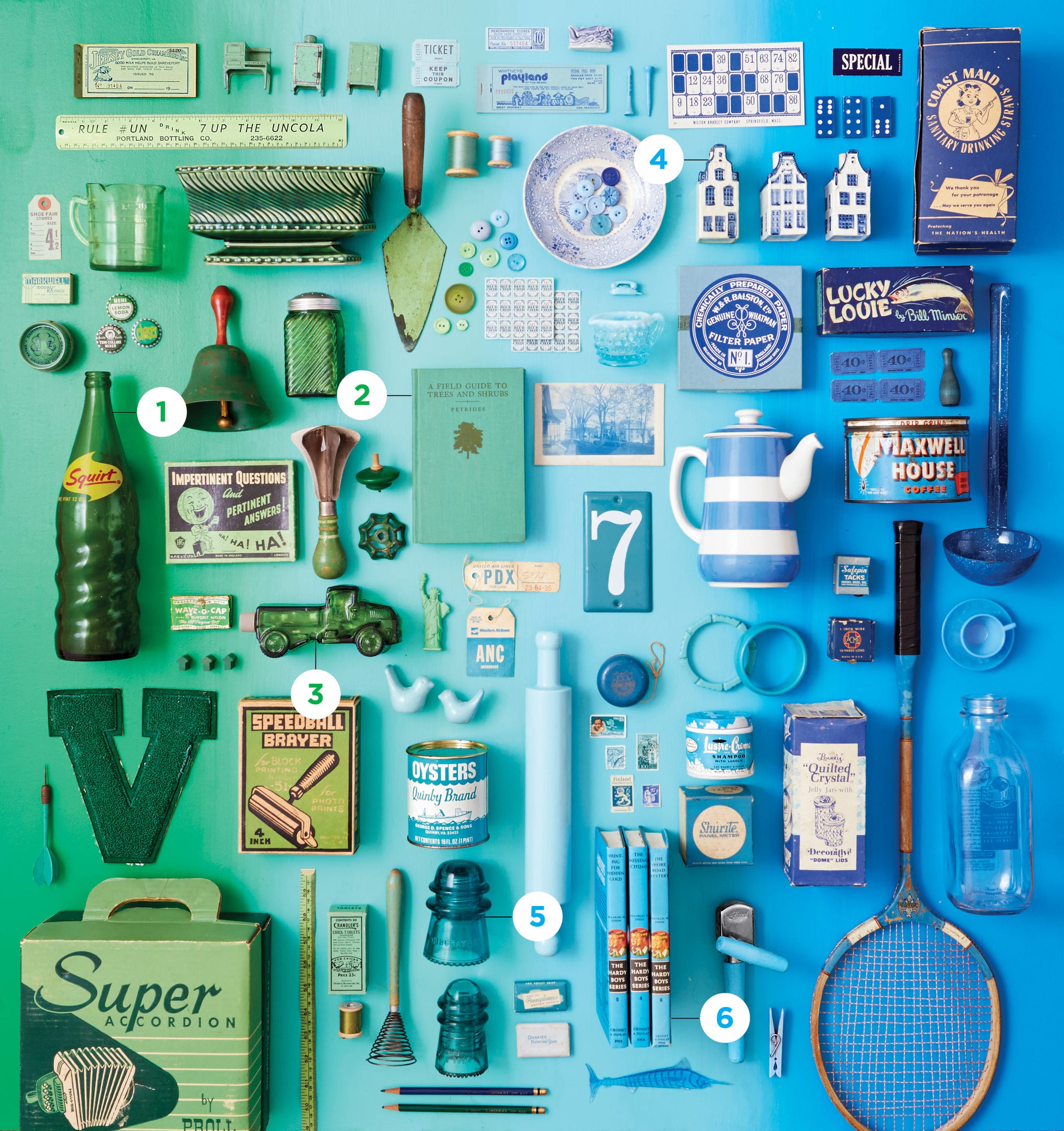 blue and green vintage collectibles flatlay