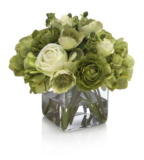 green and white roses with hydrangea bouquet on white background