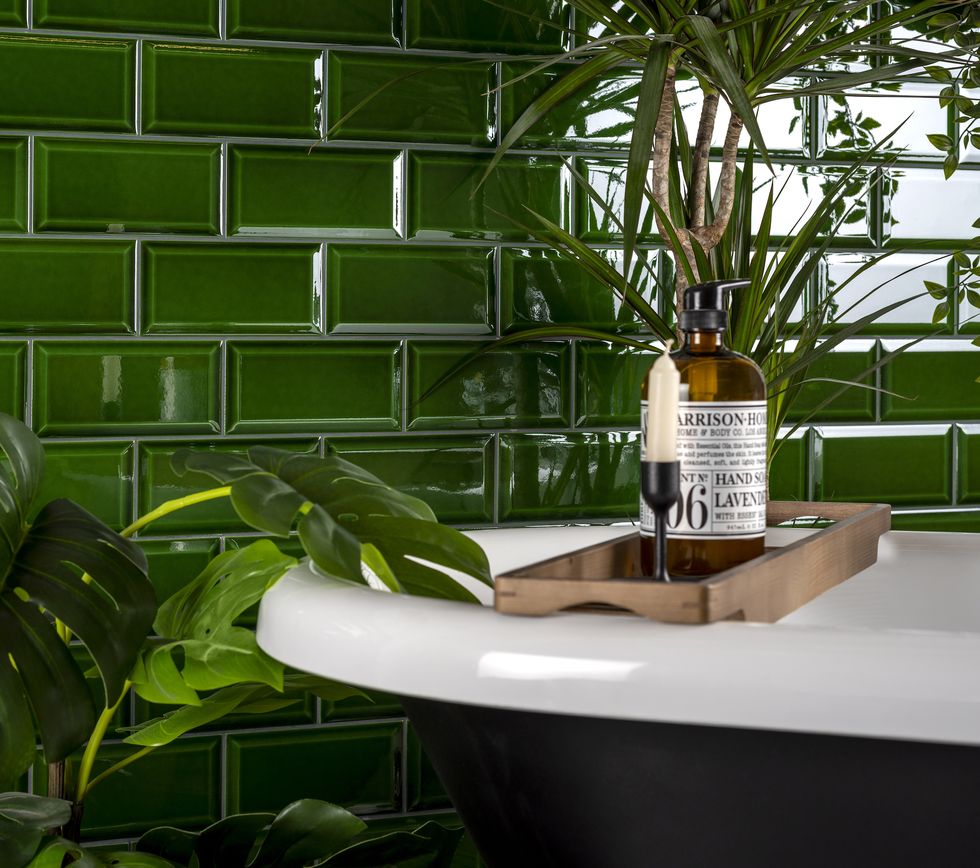green bathroom, walls and floors , victorian green metro tiles