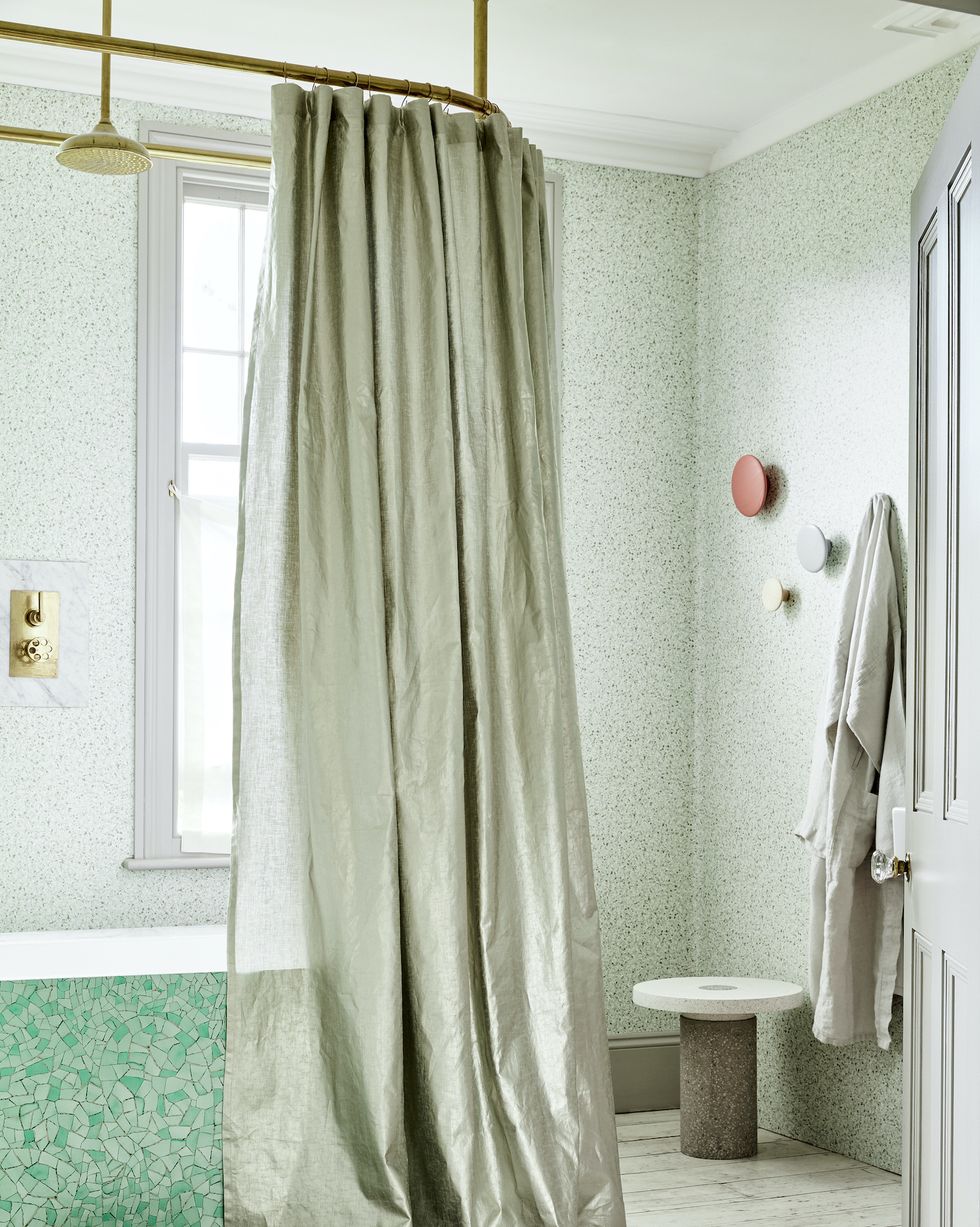 green bathroom wes anderson style turquoise sage shower curtain bath sink