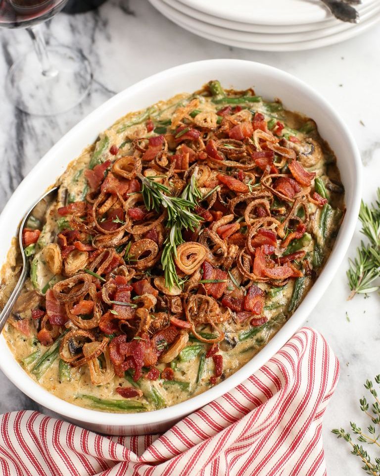 green bean casserole with bacon and fried shallots