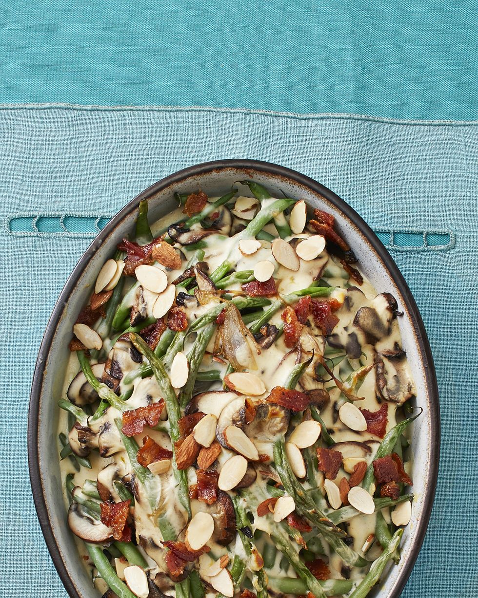 green bean mushroom casserole with candied bacon