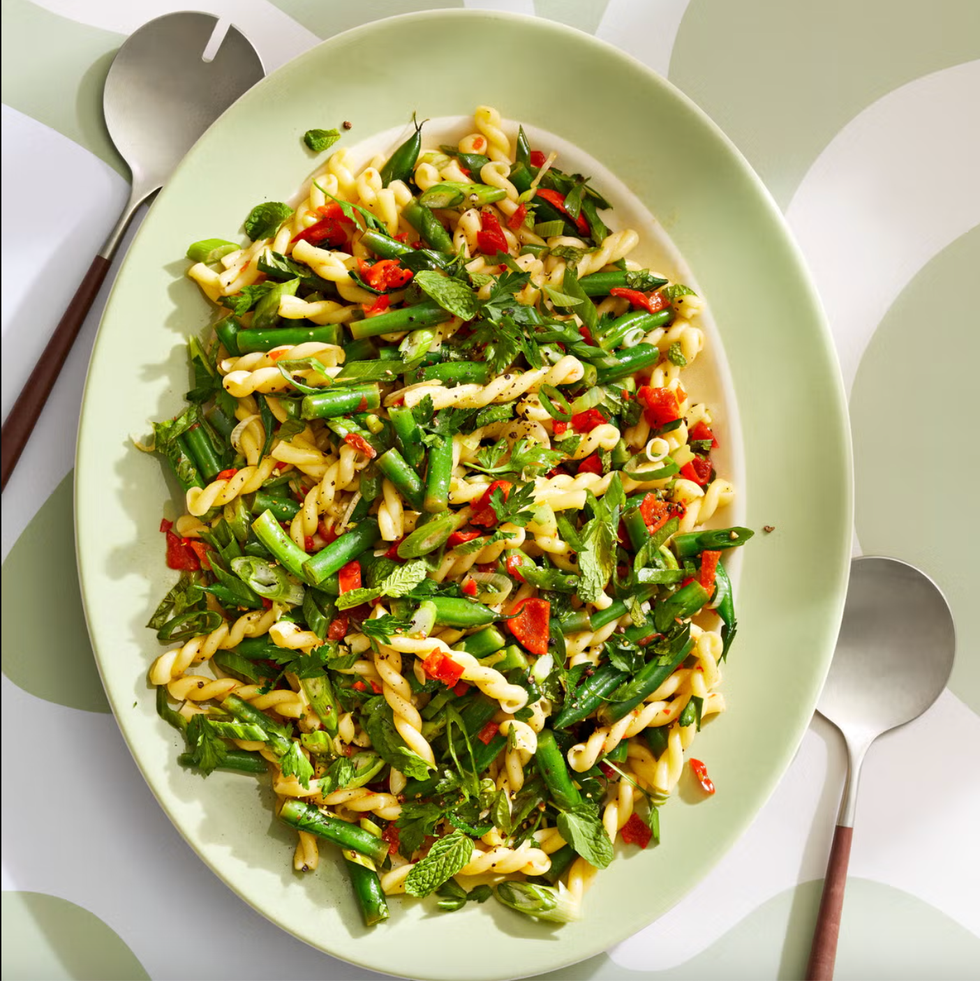 green bean pasta salad with asparagus and mint