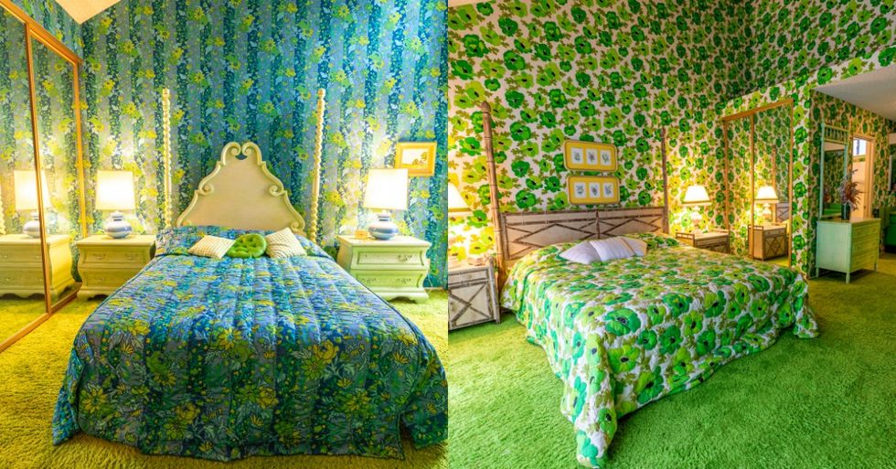 Bedroom, Room, Green, Furniture, Bed, Property, Interior design, Wall, Bed sheet, Tree, 