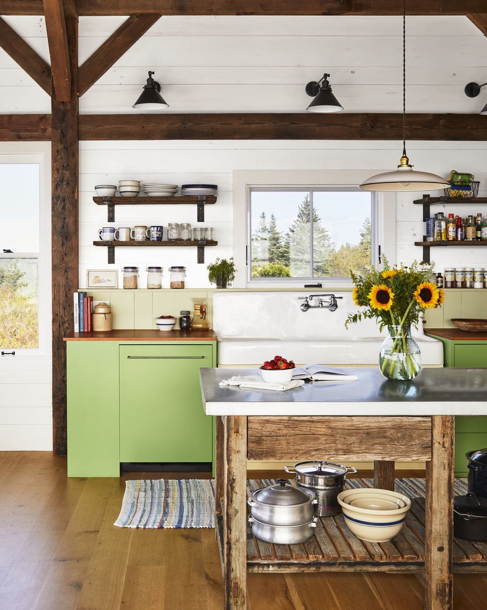 coastal kitchen with bright green cabinets