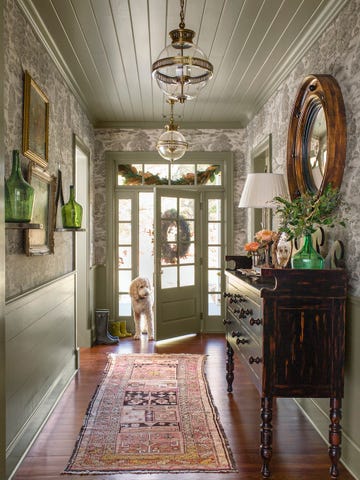 an entryway with wallpaper and painted paneling and a dog in the doorway