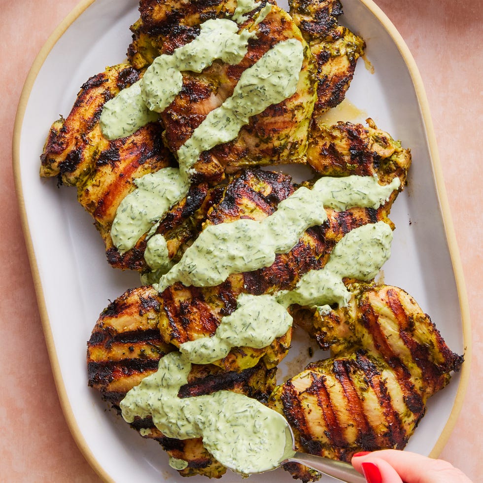 green goddess grilled chicken drizzled with green goddess dressing.
