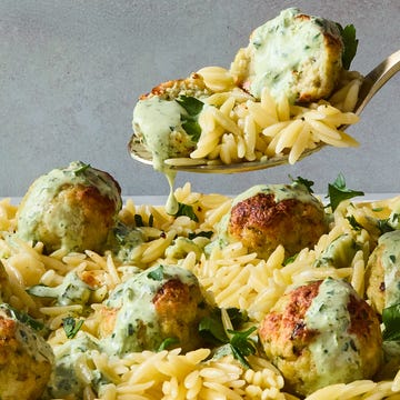 Green Goddess Meatballs meatballs served on top of orzo with creamy green goddess dressing