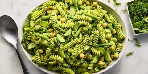 pasta with chickpeas, asparagus, and cucumbers tossed in a green goddess dressing