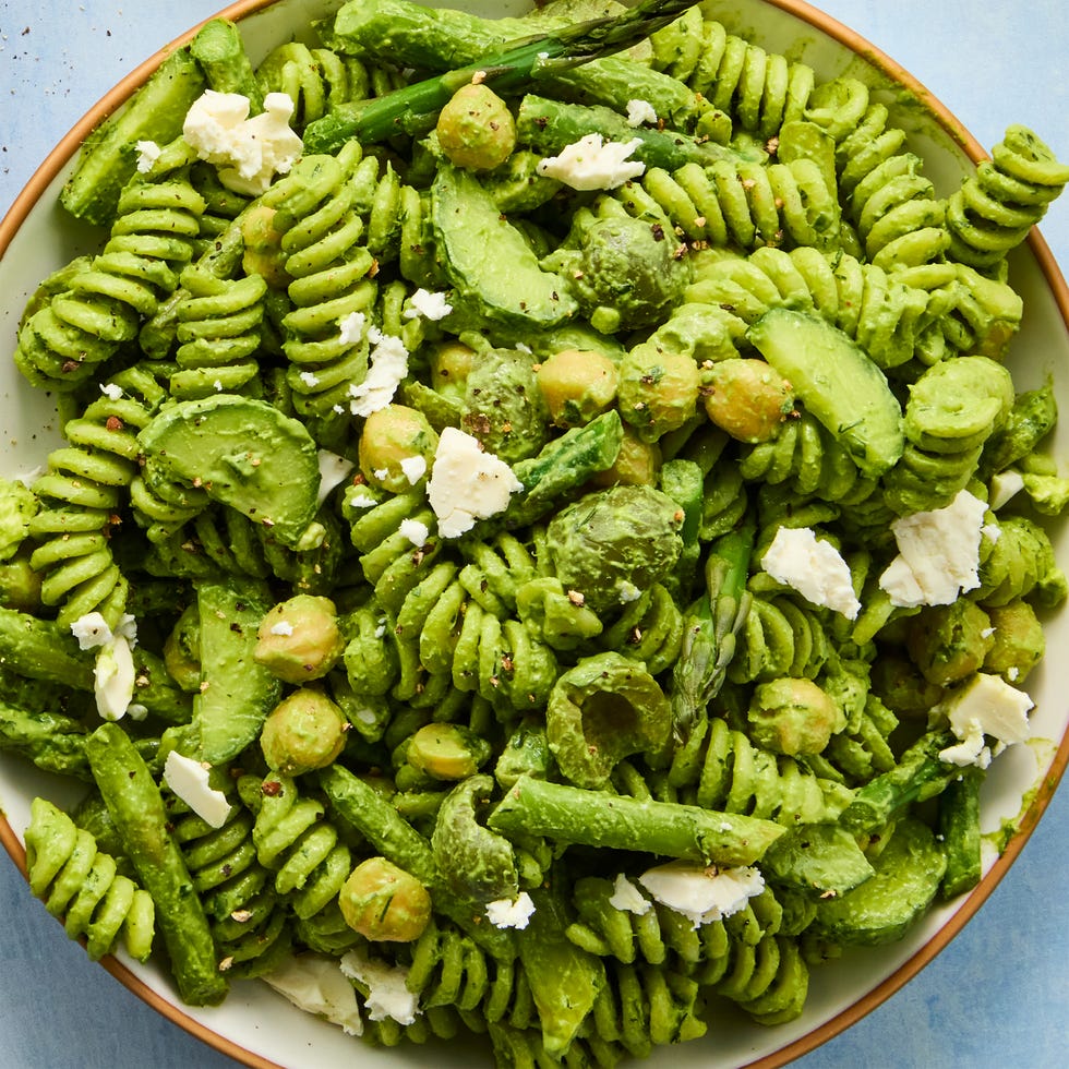 pasta with chickpeas, asparagus, and cucumbers tossed in a green goddess dressing