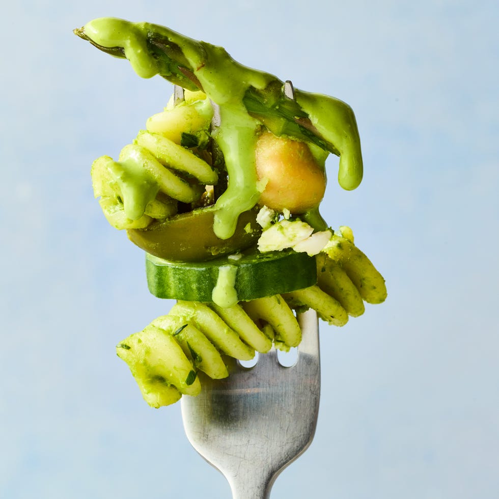 pasta with chickpeas, asparagus, and cucumbers tossed in a green goddess dressing