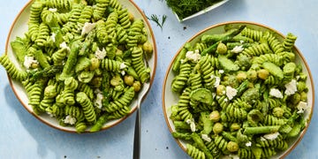 pasta with chickpeas, asparagus, and cucumbers tossed in a green goddess dressing