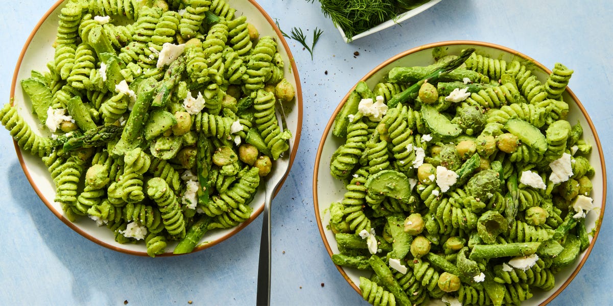 Green Goddess Pasta Salad pasta with chickpeas, asparagus, and cucumbers tossed in a green goddess dressing
