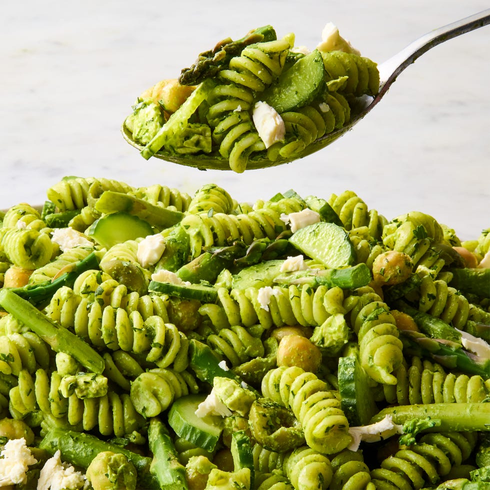 pasta with chickpeas, asparagus, and cucumbers tossed in a green goddess dressing
