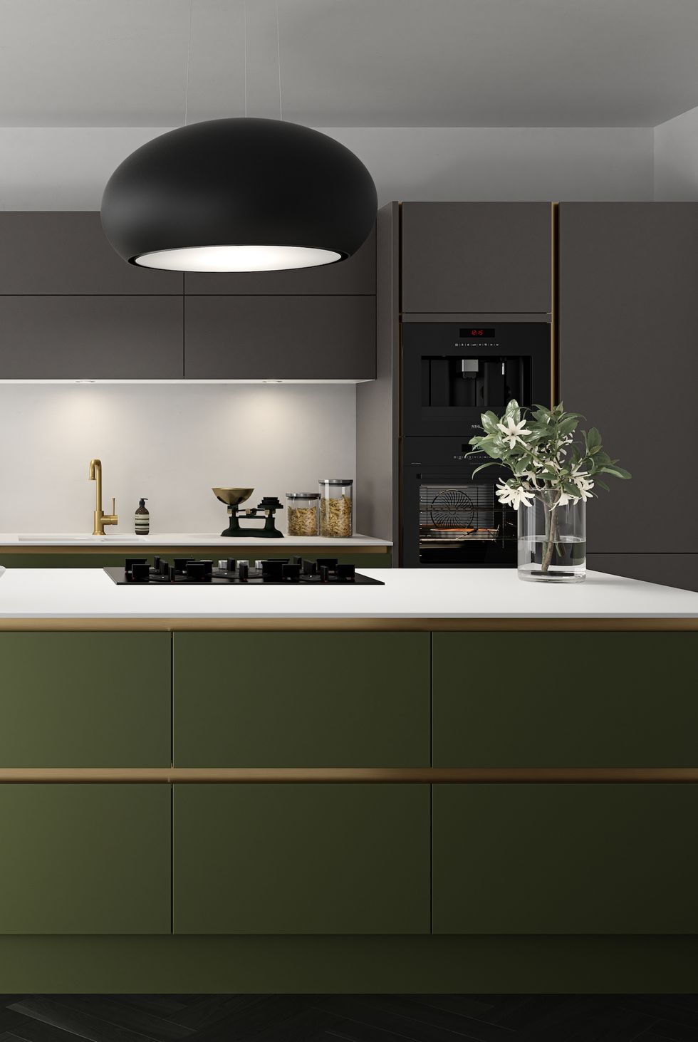 green kitchen, grey cabinets, integra soho coffee grounds and green olives at magnet