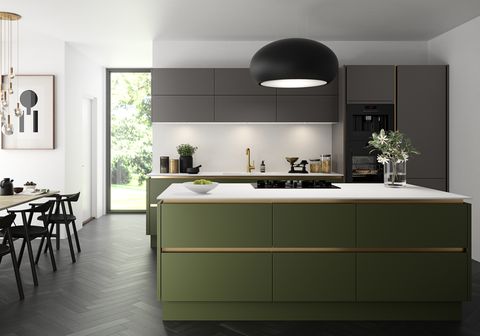 green kitchen, grey cabinets, integra soho coffee grounds and green olives at magnet
