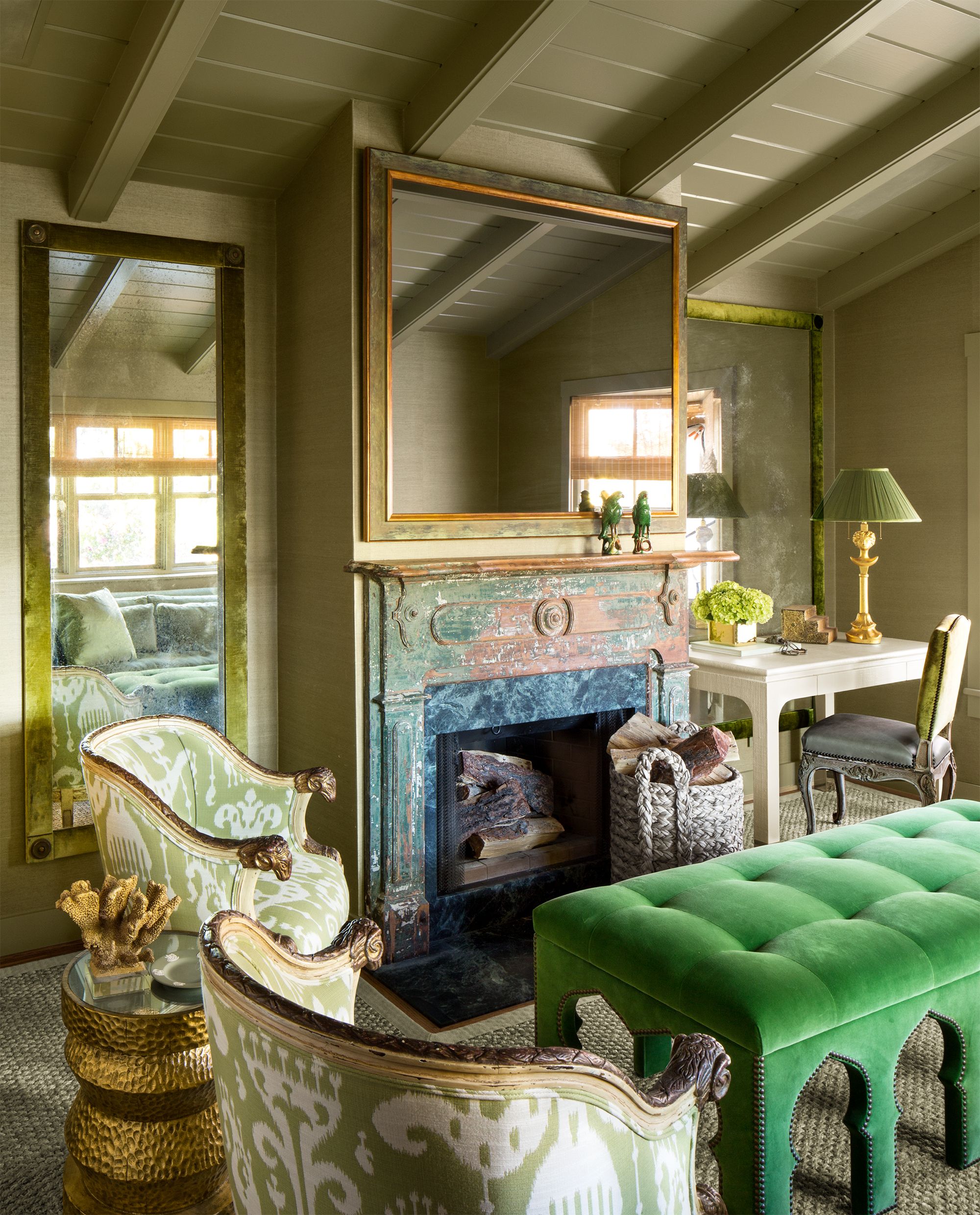 green shabby chic living room