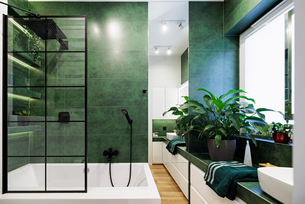 green luxury bathroom with black hardware, stone finishes, and a live plant