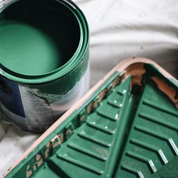 high angle view of green paint can at home