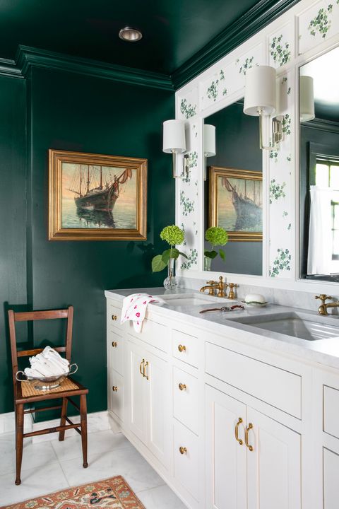 bathroom, vanity, green walls design m lavender interiors paint black forest green by benjamin moore