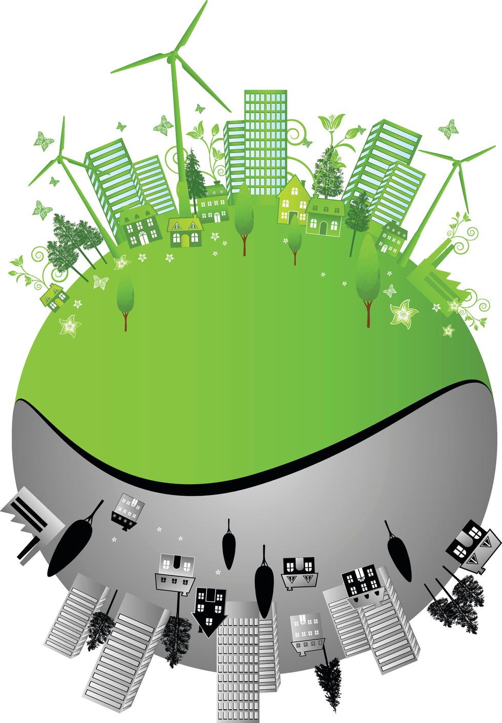 ilustracion de un planeta mitad verde mitad contaminado