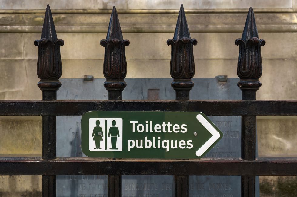 green public toilet sign in french on a fence