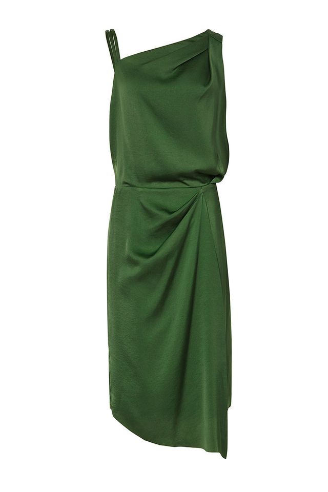Green, Clothing, Dress, Day dress, Shoulder, Cocktail dress, Satin, Silk, Sheath dress, 