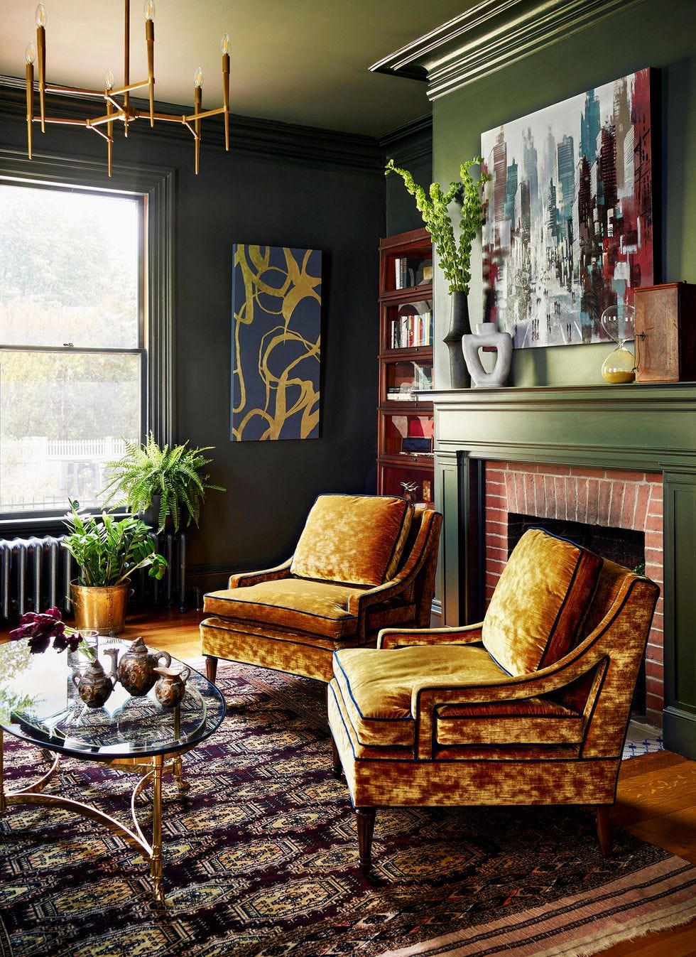 living room with green mantel