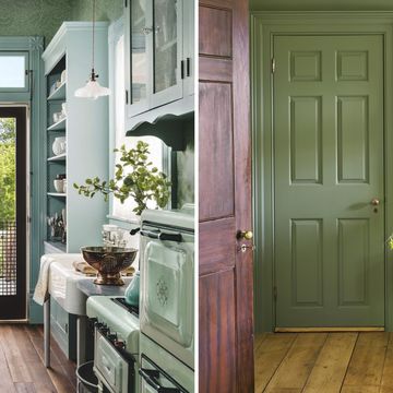 green galley kitchen and green bedroom, both in restored old farmhouses