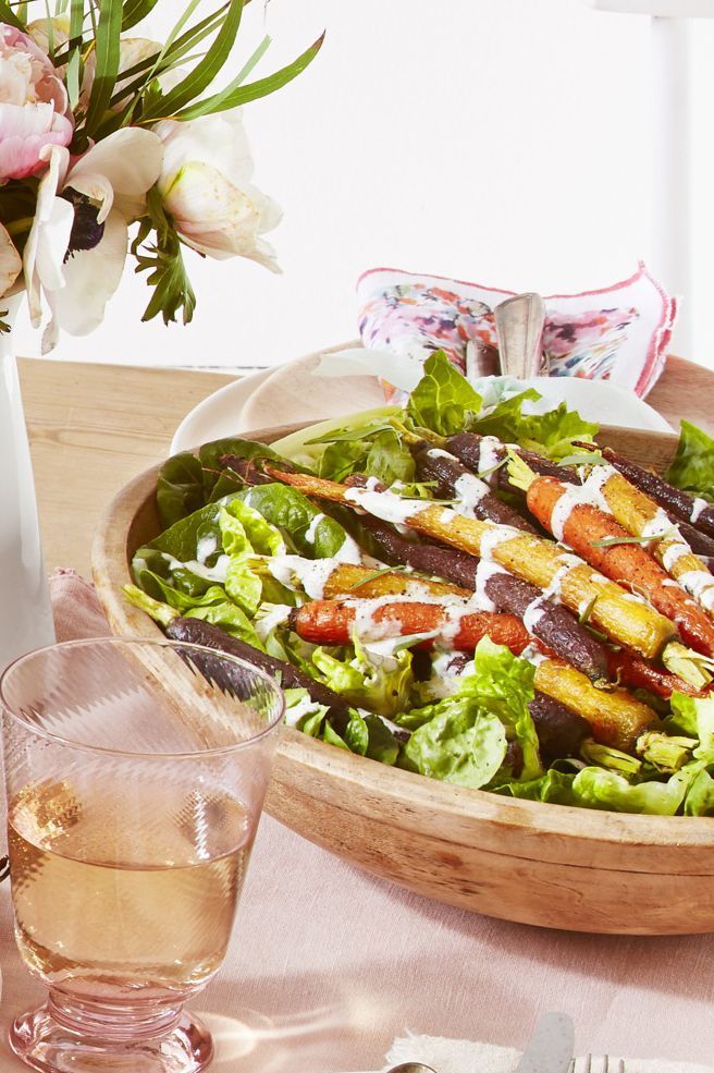 green salad with roasted carrots and creamy tarragon dressing