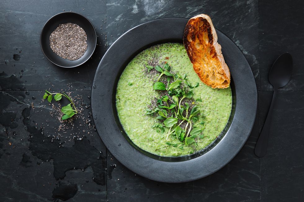green soup with chia and almonds