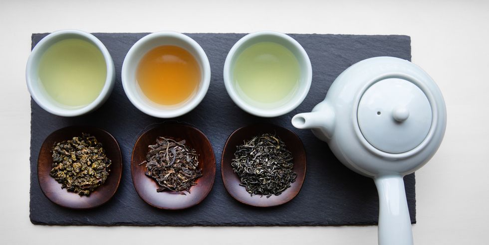 green tea, puer tea, oolong tea, tea leaves
