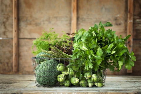 green vegetables and herbs in wire basket