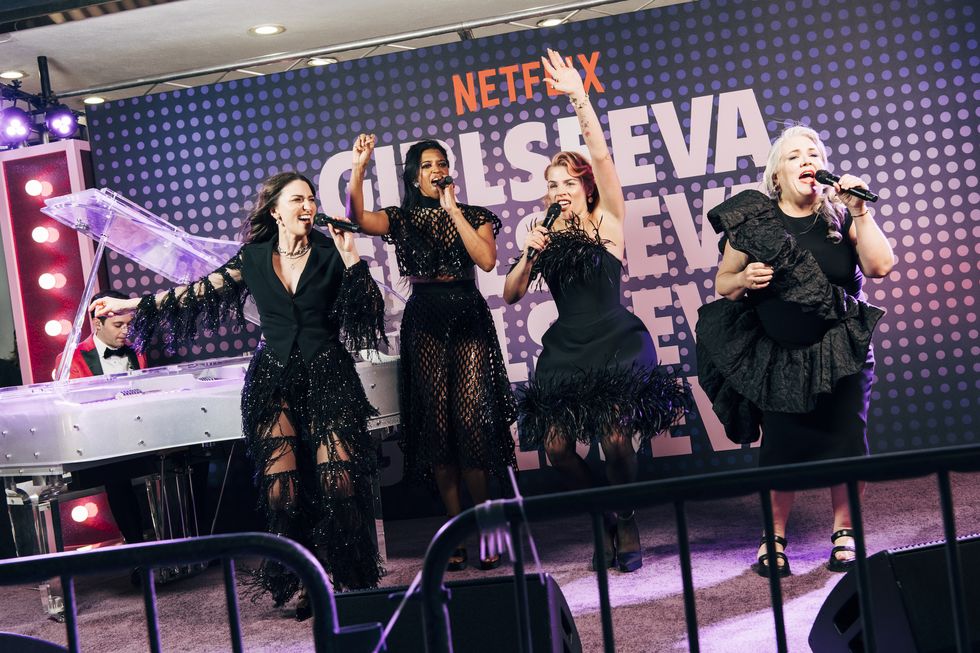 new york city march 7 l r sara bareilles, renee elise goldsberry, busy philipps, and paula pell attend netflix's girls5eva season 3 premiere at paris theater on march 7 2024 in new york city photo by alyssa greenberg for netflix