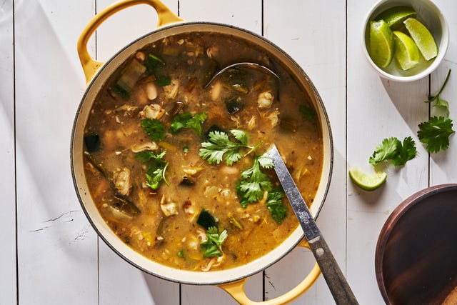 green chili clam chowder filled with green peppers, whole clams and white beans