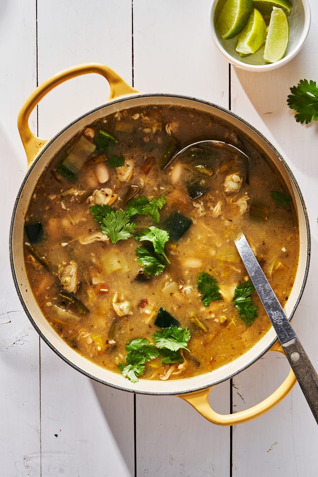 green chili clam chowder filled with green peppers, whole clams and white beans