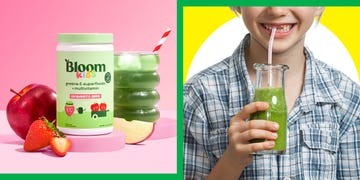 bloom kids green supplement powder boy drinking green juice from a straw