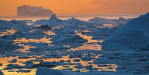 Ilulissat Icefjord also called kangia or Ilulissat Kangerlua sunset over Disko Bay The icefjord is listed as UNESCO world heritage America North America Greenland Denmark